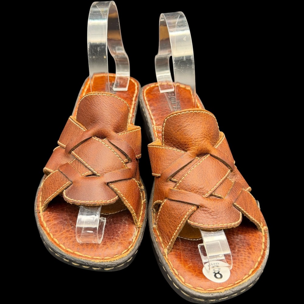 Boc Born Womens Brown Leather Woven Wedge Sandals Huarache Slide Sz 8 Resort